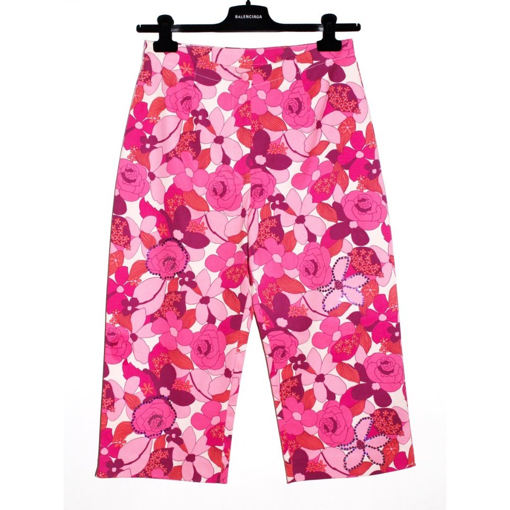 Vintage 80s Floral Print Stretch Cotton Cropped Trousers